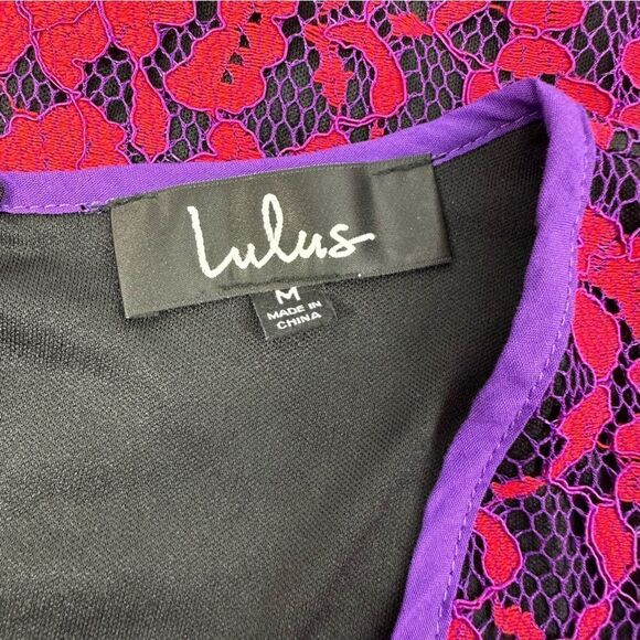 LULU’S Under the Stars Deep Plunge Purple and Red Lace Ruffle Mini Dress Sz M - Picture 7 of 8